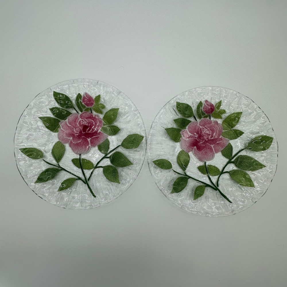 Sydenstricker Fused Glass Pink Rose Plates Set of 2 Signed Syd Cape Cod 8.25in